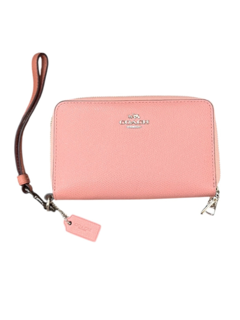 Women's Coach Pink Leather Double Zip Around Wristlet Wallet with Coach Tag